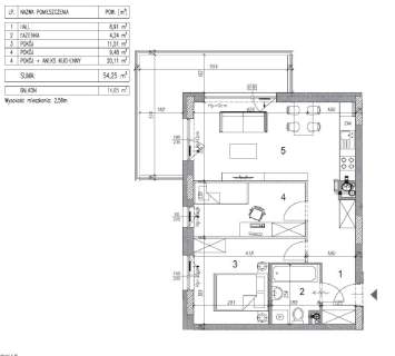 Mieszkanie 54,25 m2, 3 pokoje, KSM