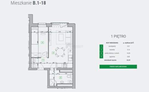 Mieszkanie 2-pokojowe o pow.33,99 m2 na 1 piętrze