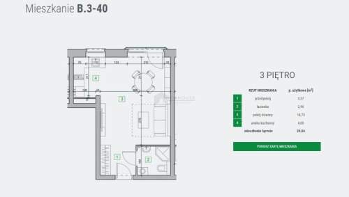 Mieszkanie jednopokojowe o powierzchni 29,06 m2