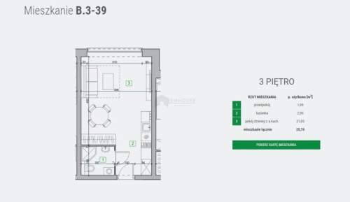 Mieszkanie jednopokojowe o powierzchni 25,44 m2