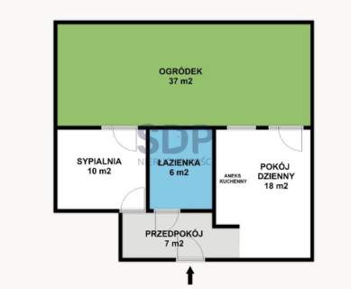 2 pokoje, 41m2, ogródek 38m2, parking. komórka lok.