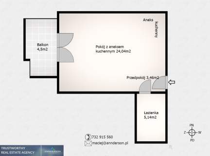 Apartament 33m2, balkon, 4,5m2, Wiślane Tarasy