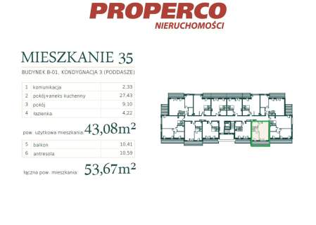 Apartament 2 pok, 43,08 m2, Mrągowo
