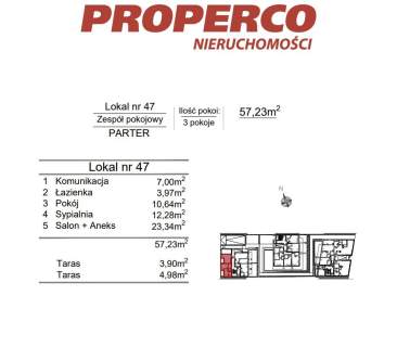 Zespół pokojowy, 3pok., 57,23 m2, ul. Klonowa