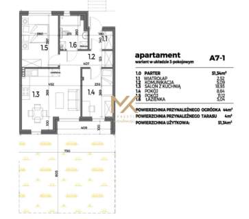 Apartament z ogrodem, 3 pokojowy 51,34m2