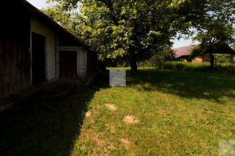 Duża działka z drewnianym domkiem i budynkiem gosp