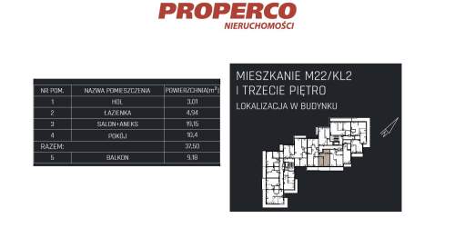 Mieszkanie 2 pok., 37,50m2, 3p, Jędrzejów