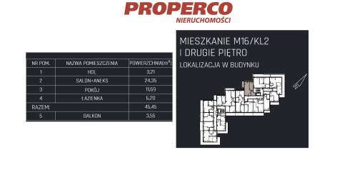 Mieszkanie 2 pok., 45,45m2, 2p, Jędrzejów