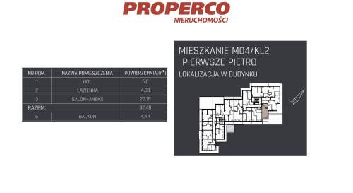 Mieszkanie 1 pok., 32,48m2, 1p, Jędrzejów
