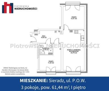 Mieszkanie na sprzedaż, 61,44 m2, Sieradz