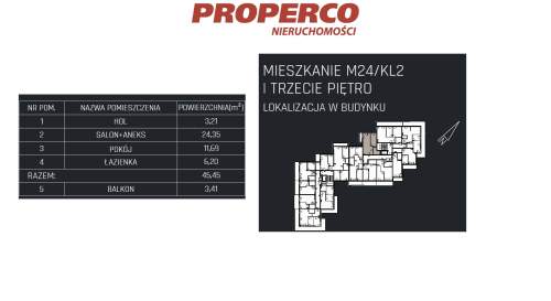 Mieszkanie 2 pok., 45,45m2, 3p, Jędrzejów