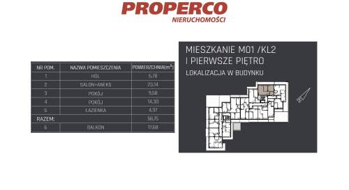 Mieszkanie 3 pok., 58,75m2, 1p, Jędrzejów