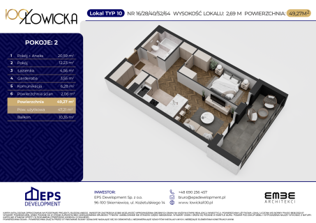 2-pokojowe mieszkanie 47m2 z garderobą i balkonem