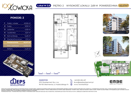 2-pokojowe mieszkanie 44m2 z garderobą i balkonem