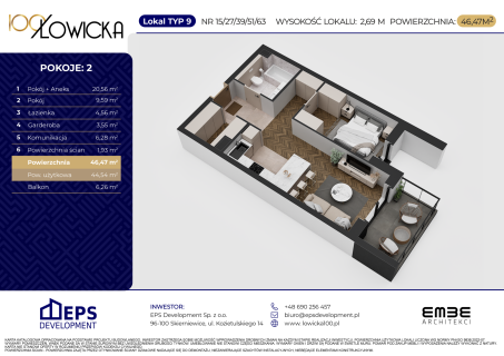 2-pokojowe mieszkanie 44m2 z garderobą i balkonem