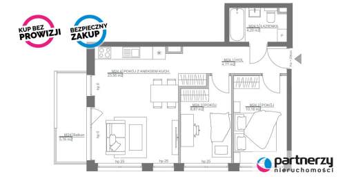 Mieszkanie 3 pokojowe na 3 piętrze, balkon 5,76