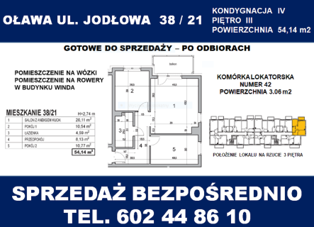 Oława 3 pokoje ul. Jodłowa-IIIpiętro-54,14m2-balkon-winda