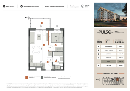 M1.16 34,99 m 2 pokoje balkon 5,15 m bezpośrednio