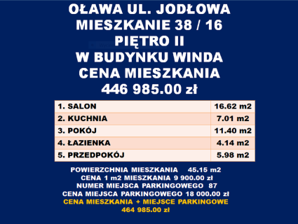 Oława 2 pokoje-kuchnia-II piętro-45,15 m2-balkon-winda