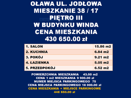 Oława 2 pokoje-kuchnia-III piętro-43,50 m2-balkon-winda