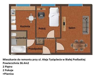 Mieszkanie 36.4m2, 2 piętro - 2 pok. Al.1000-lecia