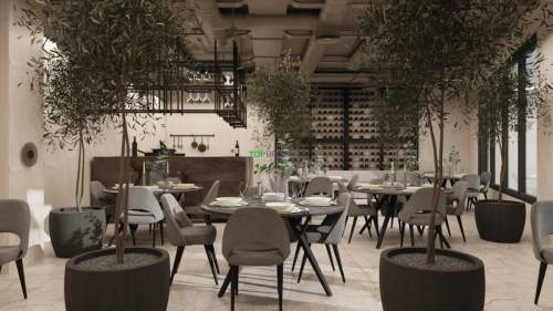 Lokal gastronomiczny w biurowcu, ogródek