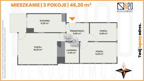 Mieszkanie 3 pok. oddzielną kuchnią 46,20 CENTRUM