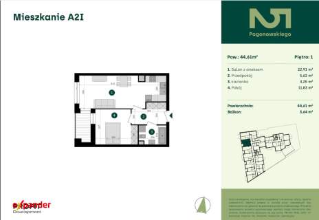Nowoczesne 2-pokojowe mieszkanie z balkonem 44,61 m