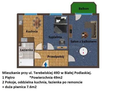 Mieszkanie 49m2, 1 Piętro, 2 pokoje Terebelska