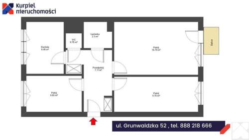 Mieszkanie 3 pokoje balkon 1 piętro Grunwaldzka
