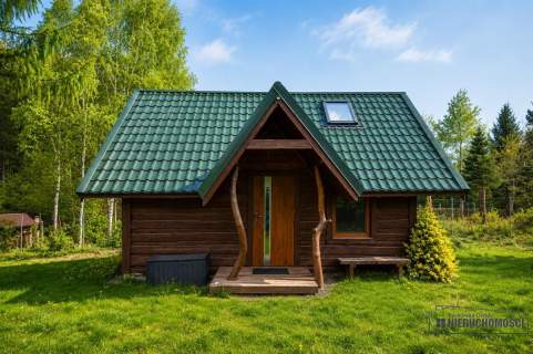Domek nad jeziorem w otoczeniu lasów 