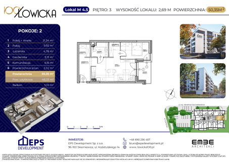 2-pokojowe mieszkanie 48m2, garderoba balkon
