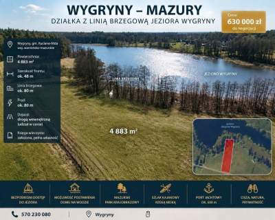 Piękna działka z linią brzegową jeziora Wygryny w Wygrynach