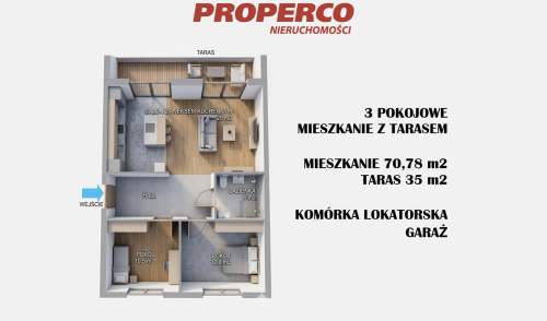 Mieszkanie 3 pok z tarasem, 70,8m2, os Na Stoku