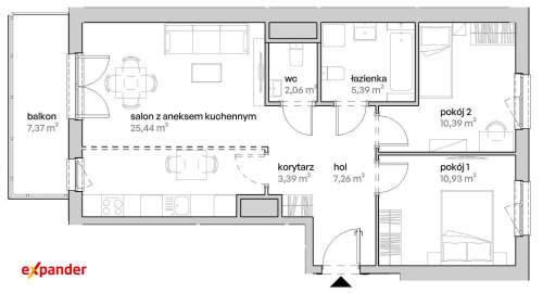 Słoneczny salon od południa 3 pokoje 2 łazienki