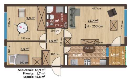 3 pok, 48,6 m2, Saska Kępa, ciche i słoneczne
