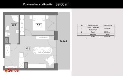 2 pokoje z dużym tarasem