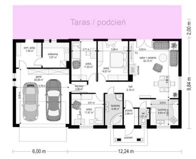 Parterowy dom z 3 sypialniami i dużym tarasem