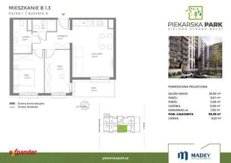 3-pokojowe mieszkanie z loggią Piekarska Park Bałuty 55,95 m...