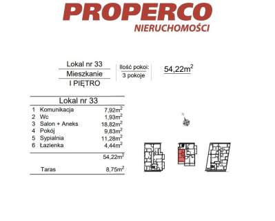 Mieszkanie 3pok., 54,22m2, ul. Klonowa