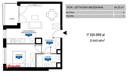 Dwupokojowe mieszkanie 44,33 m