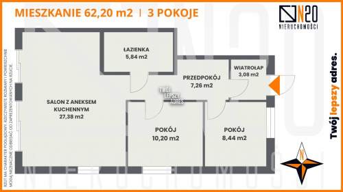 3 pokojowe mieszkanie 62 m2 z dużym ogródkiem 