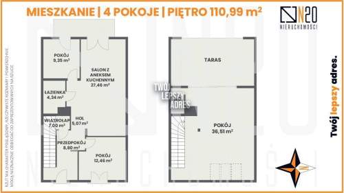 Mieszkanie 110 m2 piętro poddasze - duży taras 
