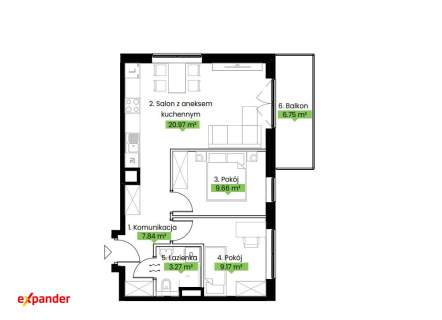 3 pokoje Balkon 6,75 m Bez PCC 565 tys.