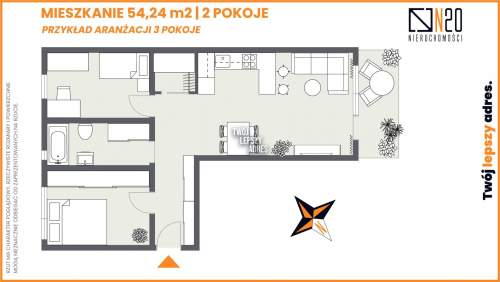 Kliny- przestronne 2-pokojowe mieszkanie, 54 m2