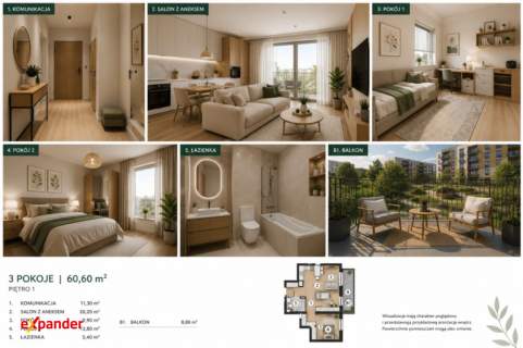 3 pokoje Balkon 8,8 m Bez PCC Rynek pierwotny