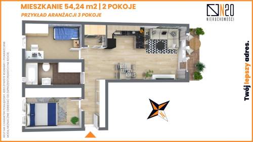 Kliny- przestronne 2-pokojowe mieszkanie, 54 m2