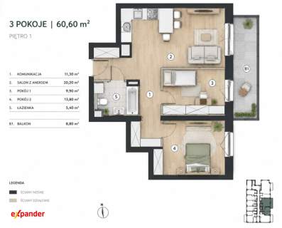 3 pokoje Balkon 8,8 m Bez PCC Rynek pierwotny