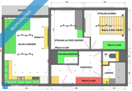 2-POK Salon z Aneksem, PRALNIA, Balkon, Łazienka, WC, Przy 
