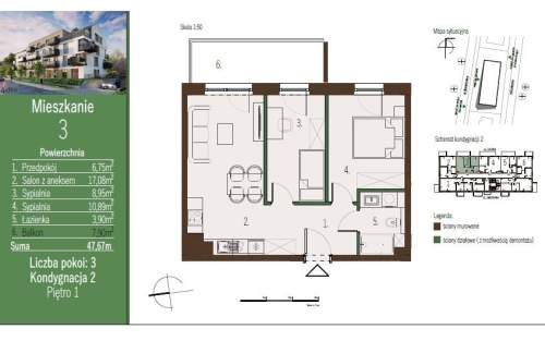 Nowe 3 pokoje 47,67 m 1 piętro Osiedle Świerkowa